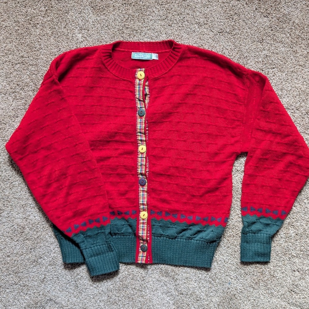 VTG Peggy Hart Women's Size L Cardigan Sweater Red Green Crayon Teacher USA Made
